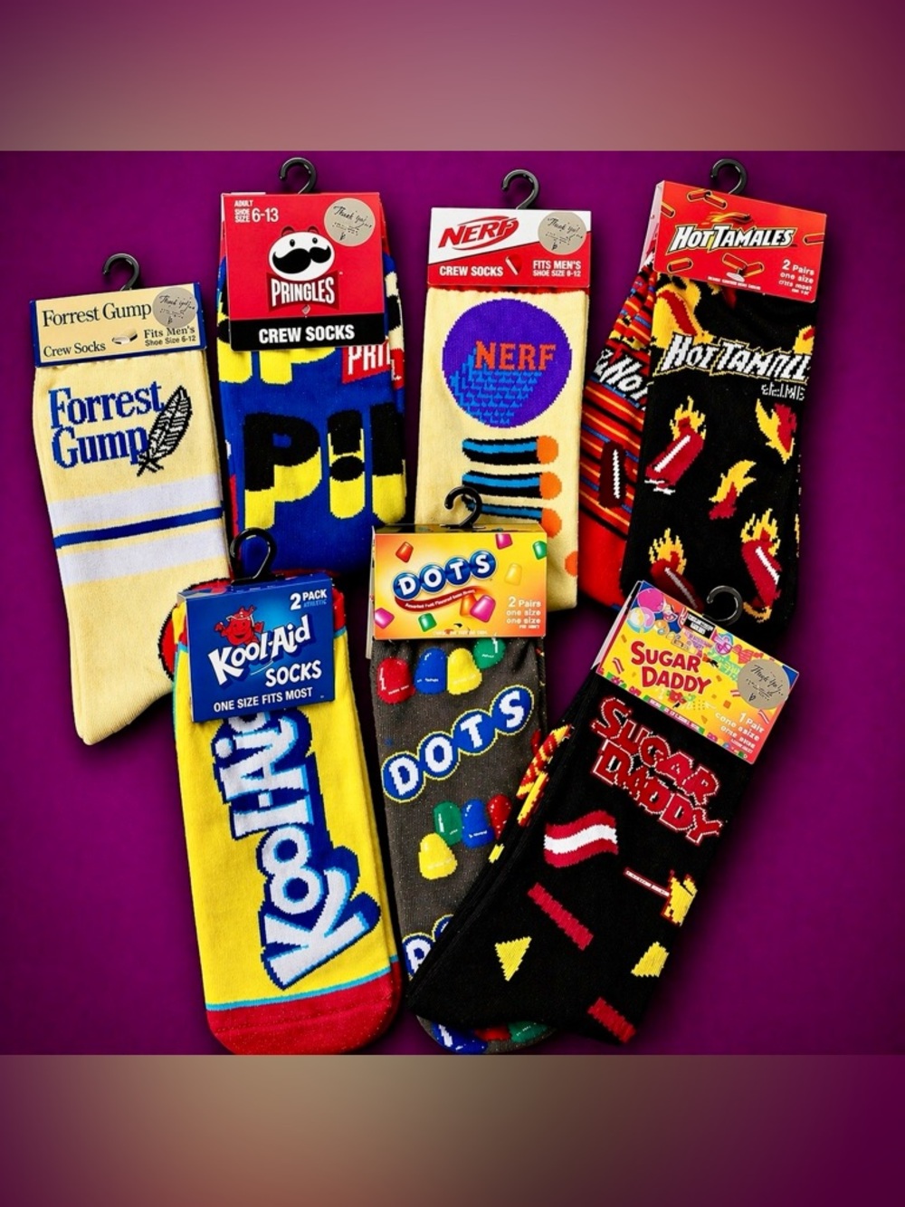 Novelty Crew Socks  Gift Set - 8 Pair Kool Aid Nerf Pringles Sugar Daddy Tamales